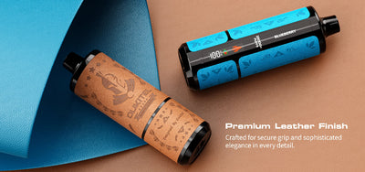 Two cylindrical products with leather finish on a brown background