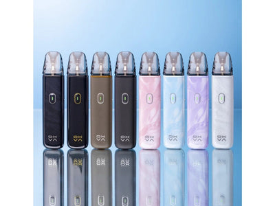 Row of electronic devices in various colors on a reflective surface with a light blue gradient background.