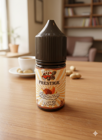 Bottle of Prestige Creamy Nuts on a wooden table with a blurred background