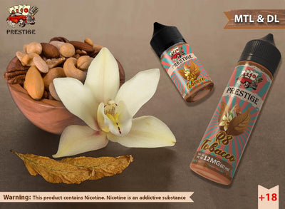 Two bottles of Prestige e-liquid with a bowl of nuts and an orchid on a brown background.