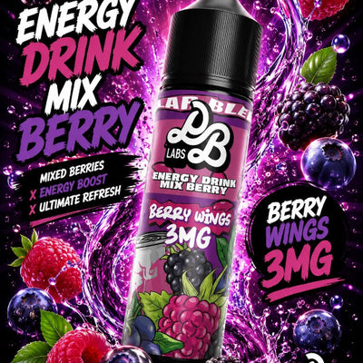 A bottle of LABBLE Labs Energy Drink Mix Berry e-liquid, labeled Berry Wings 3MG, set against a dynamic background of purple liquid splashes and fresh berries including raspberries, blueberries, and blackberries.