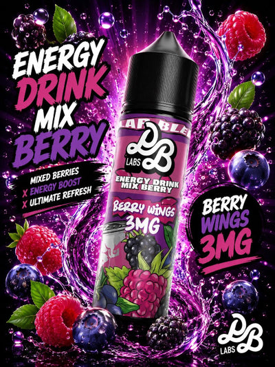 A bottle of LABBLE Labs Energy Drink Mix Berry e-liquid, labeled Berry Wings 3MG, set against a dynamic background of purple liquid splashes and fresh berries including raspberries, blueberries, and blackberries.