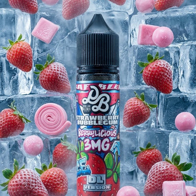 A bottle of DL Brandz Strawberry Bubblegum 3MG e-liquid stands in the center against a backdrop of ice cubes, strawberries, pink gummy candies, and pink rolled candy pieces. The bottle label features a colorful cartoon-style design with the text 'Strawberry Bubblegum' and '3MG'.