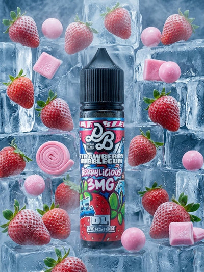 A bottle of DL Brandz Strawberry Bubblegum 3MG e-liquid stands in the center against a backdrop of ice cubes, strawberries, pink gummy candies, and pink rolled candy pieces. The bottle label features a colorful cartoon-style design with the text 'Strawberry Bubblegum' and '3MG'.