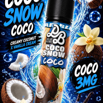 A bottle of DFBL Labs 'Coco Snow Coco' e-liquid flavoring is centered against a dynamic, water-splashed blue background decorated with coconuts, vanilla flowers, and text indicating 'Creamy Coconut X Vanilla Cream' and 'Coco 3MG'.