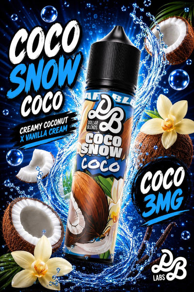 A bottle of DFBL Labs 'Coco Snow Coco' e-liquid flavoring is centered against a dynamic, water-splashed blue background decorated with coconuts, vanilla flowers, and text indicating 'Creamy Coconut X Vanilla Cream' and 'Coco 3MG'.