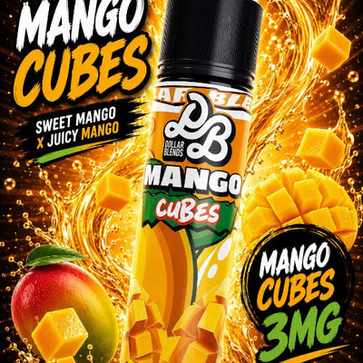 A bottle of DB Labs Mango Cubes e-liquid centered against a dynamic black background filled with golden mango splashes, mango cubes, and whole mangoes. Large text reads 'MANGO CUBES,' 'Sweet Mango x Juicy Mango,' and 'Mango Cubes 3MG.