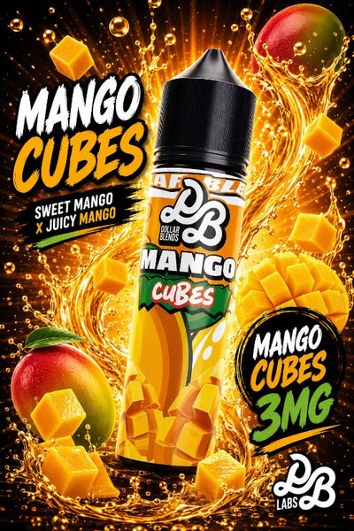 A bottle of DB Labs Mango Cubes e-liquid centered against a dynamic black background filled with golden mango splashes, mango cubes, and whole mangoes. Large text reads 'MANGO CUBES,' 'Sweet Mango x Juicy Mango,' and 'Mango Cubes 3MG.