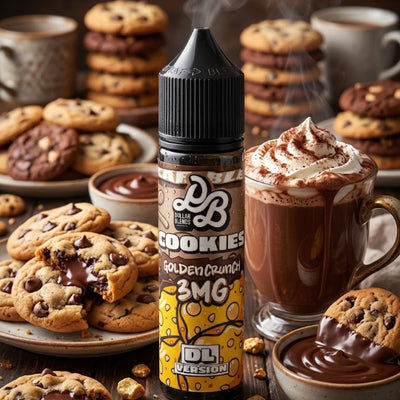 A bottle of DL The Bakery 'Cookies Golden Crunch 5MG' e-liquid is centered on a rustic wooden table surrounded by chocolate chip cookies, melted chocolate, and a hot cocoa drink with whipped cream.