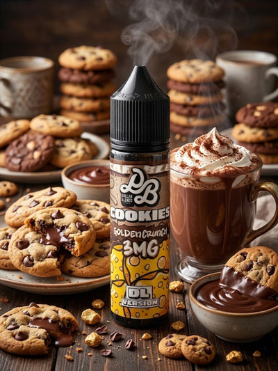 A bottle of DL The Bakery 'Cookies Golden Crunch 5MG' e-liquid is centered on a rustic wooden table surrounded by chocolate chip cookies, melted chocolate, and a hot cocoa drink with whipped cream.