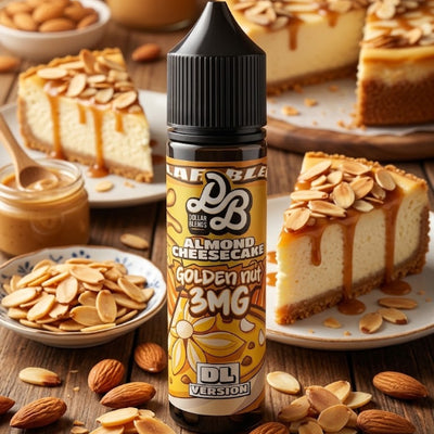 A bottle of DL Flavor Almond Cheesecake Golden Nut 3MG e-liquid stands in the center of a rustic wooden table surrounded by slices of cheesecake topped with almonds, bowls of sliced almonds and caramel, and scattered almonds.