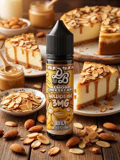 A bottle of DL Flavor Almond Cheesecake Golden Nut 3MG e-liquid stands in the center of a rustic wooden table surrounded by slices of cheesecake topped with almonds, bowls of sliced almonds and caramel, and scattered almonds.