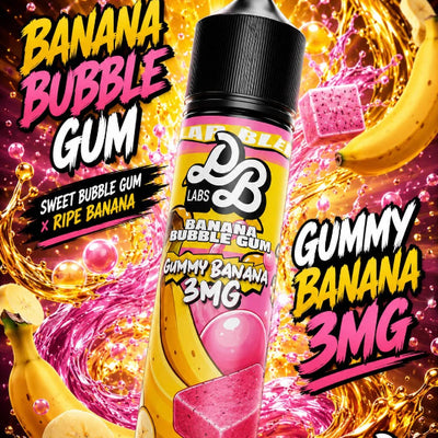 A bottle of DB Labs Banana Bubble Gum e-liquid centered against a highly stylized banana and pink bubble splash background. The label reads 'Banana Bubble Gum', 'Gummy Banana 3MG', and 'Sweet Bubble Gum x Ripe Banana'.