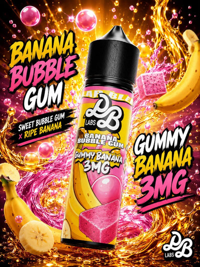 A bottle of DB Labs Banana Bubble Gum e-liquid centered against a highly stylized banana and pink bubble splash background. The label reads 'Banana Bubble Gum', 'Gummy Banana 3MG', and 'Sweet Bubble Gum x Ripe Banana'.
