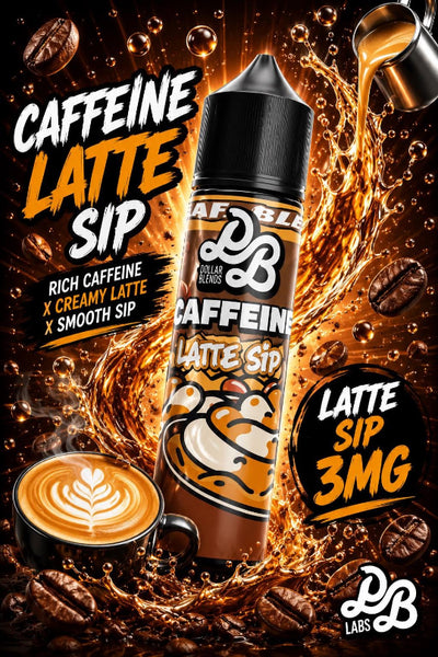 A bottle of DB Labs Caffeine Latte Sip e-liquid centered on a dramatic coffee-themed background with coffee beans, a cup of latte, and liquid splashes. Text on the image highlights rich caffeine, creamy latte, and smooth sip, with 'Latte Sip 3MG' in a black circle.