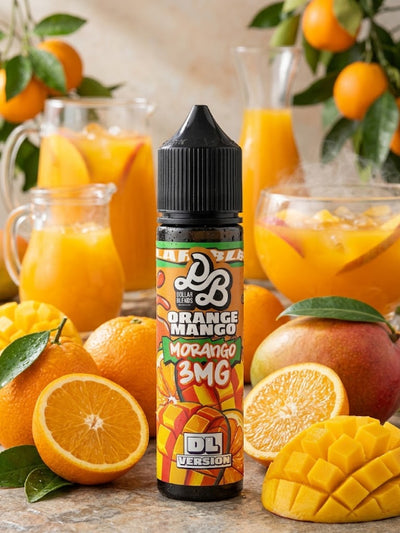 A bottle of DL Brand 'Orange Mango Morango BMG' e-liquid centered in a styled scene with oranges, mangoes, and glasses of orange juice on a tabletop.
