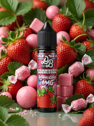 A bottle of LB Strawberry Bubblegum Berrylicious 6MG e-liquid stands in the center, surrounded by fresh strawberries, pink bubblegum candies, and wrapped pink lollipops on a reflective surface.