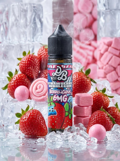 A bottle of Strawberry Bubble Gum e-liquid by LMF Labs, styled with fresh strawberries, pink lollipops, and pink bubblegum candies on a reflective surface surrounded by ice cubes.