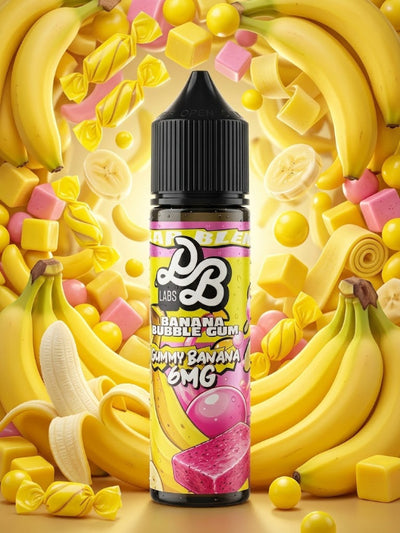 A bottle of DB Labs Banana Bubble Gum e-liquid centered against a vibrant background of bananas, candy cubes, and sliced fruit, labeled 'Ramy Banana OMG'.