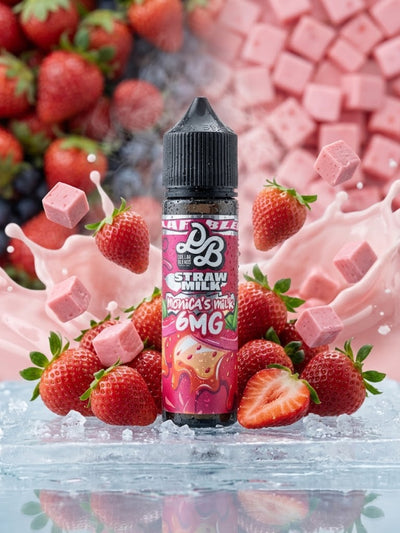A bottle of 10mg e-liquid flavoring labeled 'Strawberry Milk' by the brand 'PB', styled on ice with fresh strawberries, pink candy cubes, and a pink splash background.