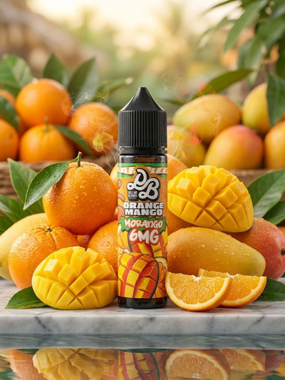A bottle of Bubb 1:1 Orange Mango Morango 6MG e-liquid is centered on a marble surface, surrounded by fresh oranges, mangoes, and green leaves in a warm, blurred outdoor setting. The bottle label features a black cap and a colorful graphic of sliced orange and mango.