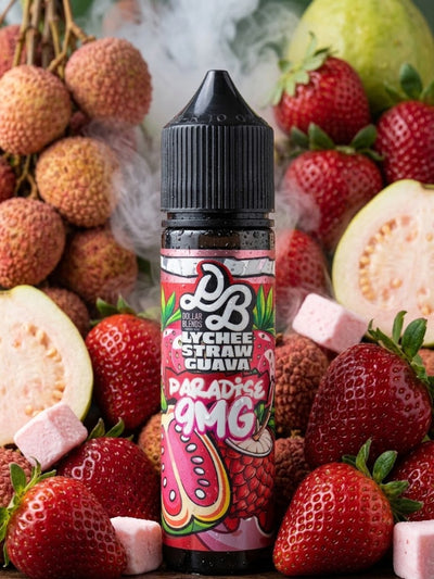 A bottle of Lychee Strawberry Guava Paradise MG e-liquid centered against a background filled with fresh lychees, strawberries, guavas, and pink cubes, with visible vapor around the bottle.