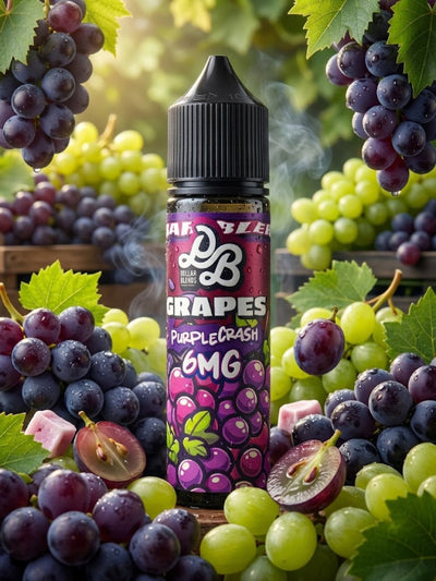 A bottle of grape-flavored vape liquid labeled 'DB Purple Crash 6MG' is centered and surrounded by clusters of purple and green grapes with leaves. The bottle has a black cap and a dark label with purple grape graphics and white text.