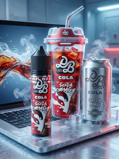 A bottle and a cup of liquid coffee-flavored e-liquid, both labeled 'LB Labs Cola Soda 20mg', are displayed on a laptop next to a canister, with a splash of coffee and steam effects in the background.