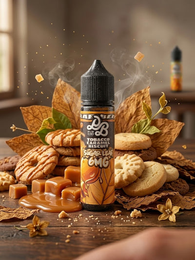 A bottle of e-liquid centered on a rustic wooden table, surrounded by cookies, caramel cubes, dried leaves, and floating caramel pieces. The bottle label reads 'Sugar Leaf Emo' and shows a warm orange-brown autumn flavor theme.