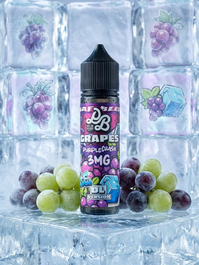 A bottle of grape-flavored e-liquid labeled 'Grapes Purple Grass 3MG' stands in the center, surrounded by green and purple grapes on a clear ice block display with ice cubes printed with grape illustrations in the background.