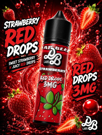 A bottle of LAFFLEES Labs Red Drops 3mg strawberry e-liquid centered against a dynamic, high-contrast background of fresh strawberries, liquid splashes, and bold red and white text.