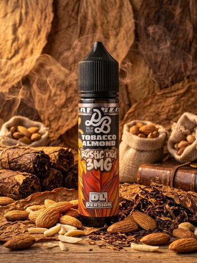 A bottle of DL Vibe e-liquid in Tobacco Almond 3MG flavor, styled on a rustic wooden surface surrounded by almonds, tobacco leaves, and burlap sacks.