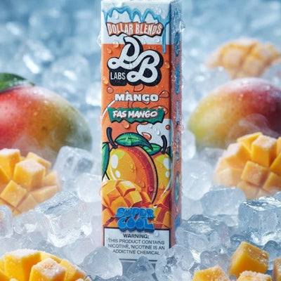 A carton of Dollar Buds Labs Mango FAS Mango flavored liquid nicotine, standing upright in a bed of crushed ice with fresh mango slices and whole mangoes scattered around it.