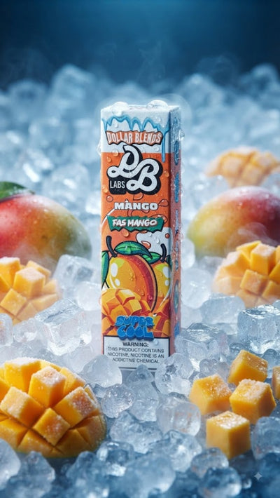 A carton of Dollar Buds Labs Mango FAS Mango flavored liquid nicotine, standing upright in a bed of crushed ice with fresh mango slices and whole mangoes scattered around it.