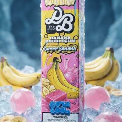 A DB Labs Banana Bubblegum Gummy Banana disposable vape device stands upright in a bed of ice, surrounded by fresh bananas, pink gummy candies, and blue water droplets against a dark blue background.