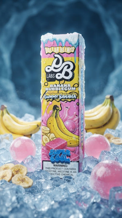 A DB Labs Banana Bubblegum Gummy Banana disposable vape device stands upright in a bed of ice, surrounded by fresh bananas, pink gummy candies, and blue water droplets against a dark blue background.