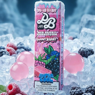 A boxed vape product labeled 'Dollar Blends' and 'Blueberry Bubblegum Gummy Berry' stands upright in crushed ice with berries and pink bubblegum spheres around it against a blue icy background.