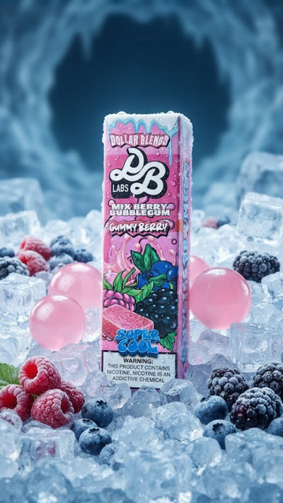 A boxed vape product labeled 'Dollar Blends' and 'Blueberry Bubblegum Gummy Berry' stands upright in crushed ice with berries and pink bubblegum spheres around it against a blue icy background.
