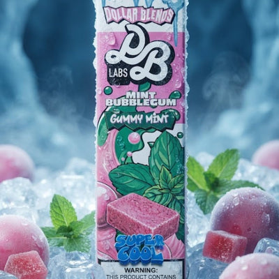 A single pack of QB Labs Mint Bubblecum Gummy Mint e-liquid stands upright in crushed ice with pink gummy candies and mint leaves around it. The package is predominantly white with pink graphics and green mint leaf illustrations, set against a blue icy background.