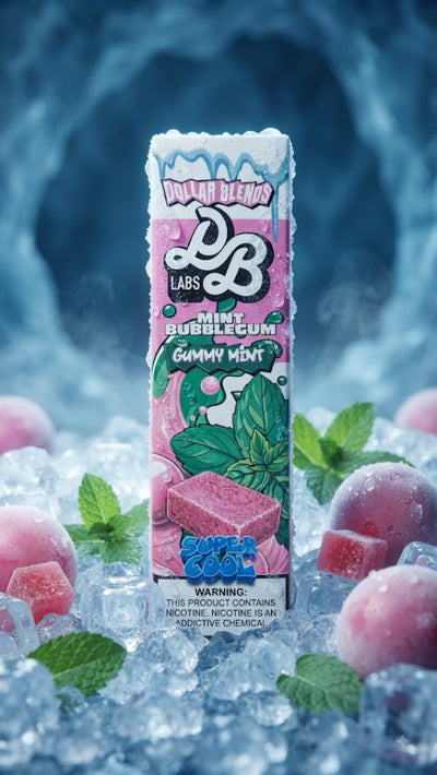 A single pack of QB Labs Mint Bubblecum Gummy Mint e-liquid stands upright in crushed ice with pink gummy candies and mint leaves around it. The package is predominantly white with pink graphics and green mint leaf illustrations, set against a blue icy background.