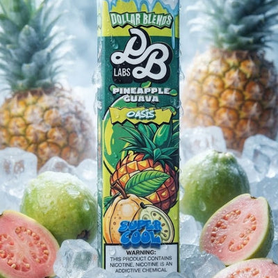 A tall carton of Dollar Blends 6000 vape liquid in Pineapple Guava Ice flavor, surrounded by ice cubes, whole and sliced pineapples, and guava fruit against a cool blue background.