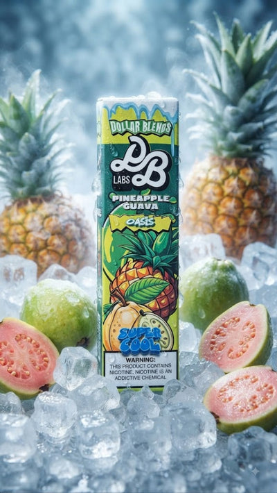 A tall carton of Dollar Blends 6000 vape liquid in Pineapple Guava Ice flavor, surrounded by ice cubes, whole and sliced pineapples, and guava fruit against a cool blue background.