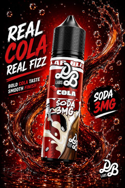 A bottle of LAP BLES LABS Cola e-liquid with bold red and white graphics, set against a dynamic background of dark cola splashes and bubbles. Text on the image highlights 'REAL COLA REAL FIZZ' and 'SODA 3MG'.