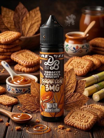 A bottle of sugar leaf biscuit e-liquid centered on a rustic wooden table surrounded by cookies, caramel sauce, leaves, and sugar cane. The bottle label reads 'Sugar Leaf 3MG Tobacco Caramel Biscuit' and shows the brand 'L.