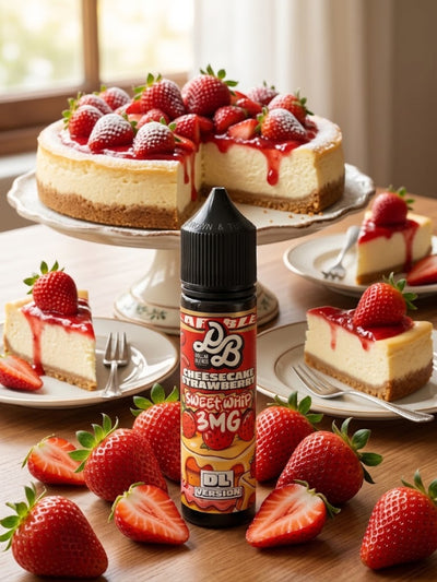 A bottle of DFZL Strawberry Sweet Whip 3MG e-liquid stands on a wooden table in front of a cheesecake topped with strawberries. Slices of strawberry cheesecake with fresh strawberries and syrup are arranged on plates around the bottle.