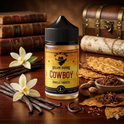 Villain Vapors Cowboy Vanilla Tobacco e-liquid bottle on a wooden surface with vanilla beans and tobacco leaves.