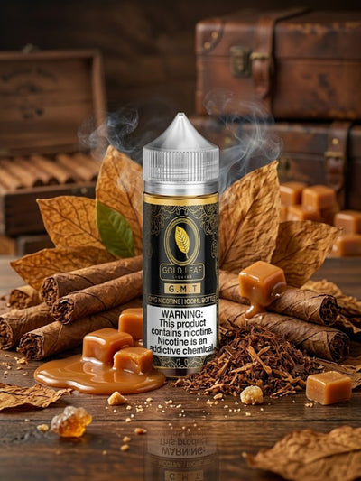 GOLD LEAF GMT ELIQUID 100ml bottle with caramel and tobacco graphics for Vape Egypt.