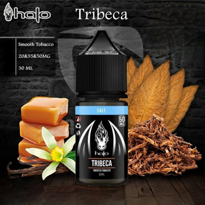 A bottle of Halo Tribeca e-liquid centered on a dark textured background, with flavor cues including orange caramel pieces, a white flower, tobacco leaves, and loose tobacco pieces. Text on the image reads Halo, Tribeca, Smooth Tobacco, 20&35&50MG, and 30 ML.