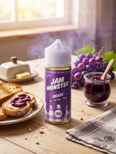 A bottle of Jam Monster Grape e-liquid by Monster Vape Labs stands on a wooden table, surrounded by food props including a glass of grape juice, a plate with toast and jam, a jar of purple grapes, and a butter dish near a window.