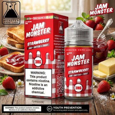 JAM MONSTER STRAWBERRY ELIQUID 100ml bottle with toast and strawberry jam graphics for Vape Egypt.